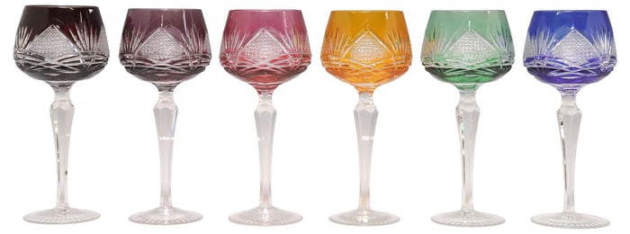 (6) BOHEMIAN COLORED CUT TO CLEAR GLASS HOCK WINE STEMS