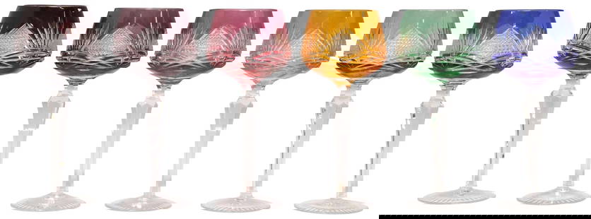 (6) BOHEMIAN COLORED CUT TO CLEAR GLASS HOCK WINE STEMS: (lot of 6) Bohemian cut-to-clear crystal wine glasses, varied colors including amethyst, cranberry, and ruby red, each basin with fanned and crosshatch cuts, faceted stem ending on round