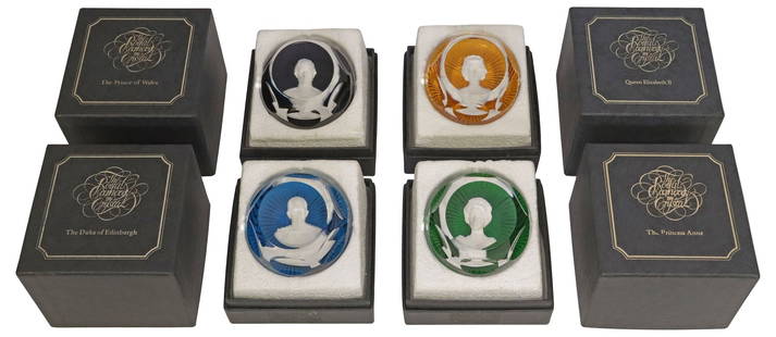 (4) BACCARAT ROYAL CAMEOS SULPHIDE PAPERWEIGHTS: (lot of 4) Baccarat commemorative sulphide paperweights, The Royal Cameos in Crystal, retailed by John Pinches Ltd., c.1976-1977, each housed in a branded box, including: (1) Queen Elizabeth II, (1)