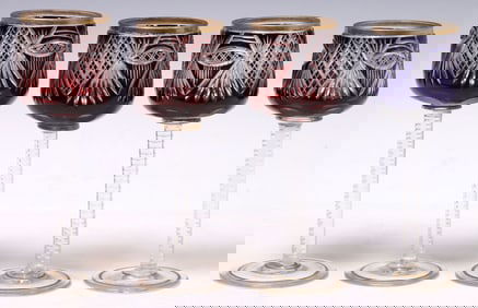 (4) MOSER (ATTRIB) PARCEL-GILT CUT-TO-CLEAR CRYSTAL WINE GLASSES