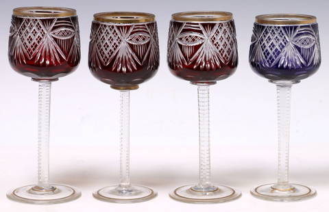 (4) MOSER (ATTRIB) PARCEL-GILT CUT-TO-CLEAR CRYSTAL WINE GLASSES: (lot of 4) Bohemian parcel-gilt color cut to clear wine glasses, attributed to Moser, unsigned, gilt rim and foot, basin with vertical and crosshatched cuts, lower coin cuts, on notched stem,