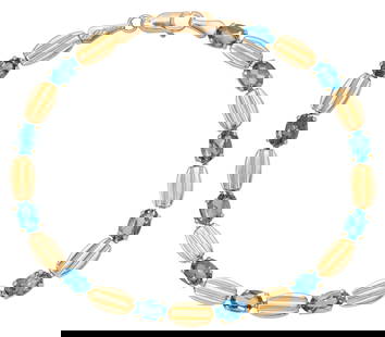 ESTATE 14KT GOLD & BLUE GEMSTONE LINE BRACELET: Estate 14kt yellow gold line bracelet, Imperial Gold Company, alternating blue gemstone and gold hollow-back links, lobster claw clasp, marked 14K Mexico with domino picto mark, approx