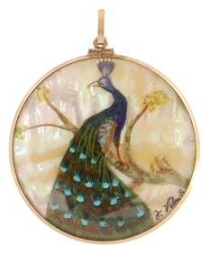 ESTATE 14KT GOLD & FEATHERWORK DOUBLE-SIDED PENDANT