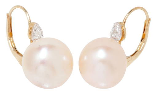 ESTATE 14KT YELLOW GOLD MABE PEARL & DIAMOND EARRINGS: (pair) Estate 14kt yellow gold earrings, each set with a small diamond above a mabe pearl, lever backs, hallmarked 14K, approx 0.75"l, 0.5"w, 4.3 grams (inclusive of all materials) **NOTE: