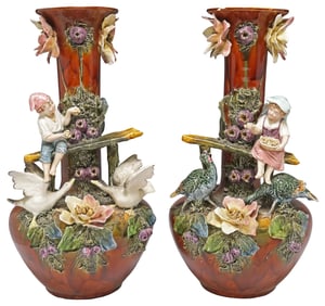 (2) FRENCH BARBOTINE POLYCHROME MAJOLICA FIGURAL VASES, 20 7/8"h