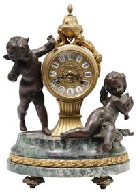 GERMAN BRONZE & MARBLE FIGURAL CHERUBS MANTEL CLOCK