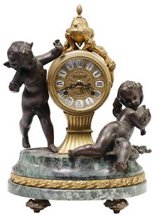GERMAN BRONZE & MARBLE FIGURAL CHERUBS MANTEL CLOCK: German patinated and gilt bronze figural mantel clock, 20th c., having urn-form finial, above two winged cherubs, flanking repousse dial with porcelain Roman numeral hour markers, inscribed &quot;Temp