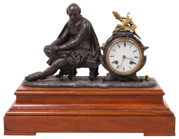 PATINATED BRONZE FIGURAL SHAKESPEARE MANTEL CLOCK ON WOOD BASE