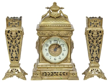 (3) FRENCH BRASS CARRIAGE-STYLE MANTEL CLOCK & GARNITURE SET
