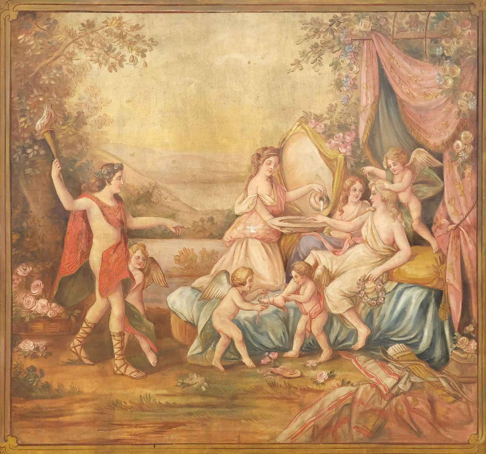 LARGE FRENCH SCHOOL MYTHOLOGICAL WALL PAINTING, 72" X 78" (1 of 3)