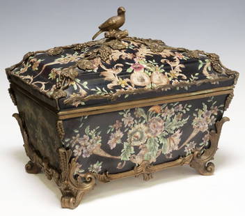 LARGE WONG LEE NAPOLEON III STYLE BRONZE-MOUNTED FAMILLE NOIR CASKET: Large Chinese Napoleon III style bronze-mounted porcelain table box,&nbsp;Wong Lee, late 20th c., of sarcophagus-form with hand-painted floral spray and scrolled foliates on famille noir ground, bronz