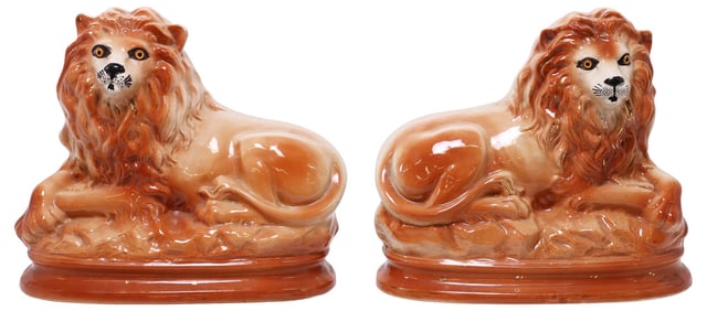 (2) ENGLISH VICTORIAN STAFFORDSHIRE RECUMBENT LION FIGURES