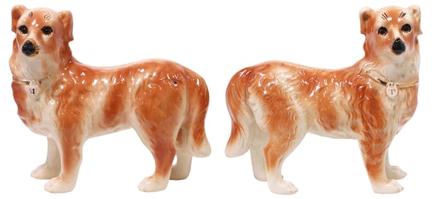 (2) ENGLISH VICTORIAN STAFFORDSHIRE GOLDEN RETRIEVER MANTEL DOGS