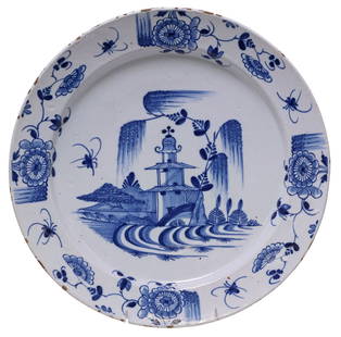 DELFT CHINOISERIE BLUE & WHITE TIN-GLAZED CHARGER, 18TH C.: Delft blue and white tin-glazed earthenware charger, possibly Bristol, late 18th c., with chinoiserie pagoda and landscape motifs, stylized floral border, retaining Mobbs Collection label with accessi