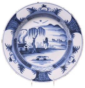 ENGLISH DELFT CHINOISERIE BLUE & WHITE FIGURAL LANDSCAPE CHARGER, 18TH C.