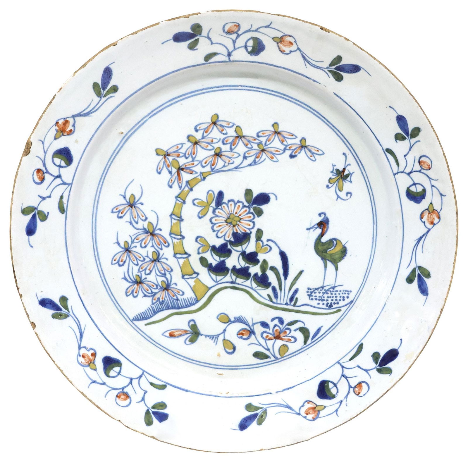ENGLISH DELFT CHINOISERIE POLYCHROME CHARGER, 18TH C. (1 of 2)