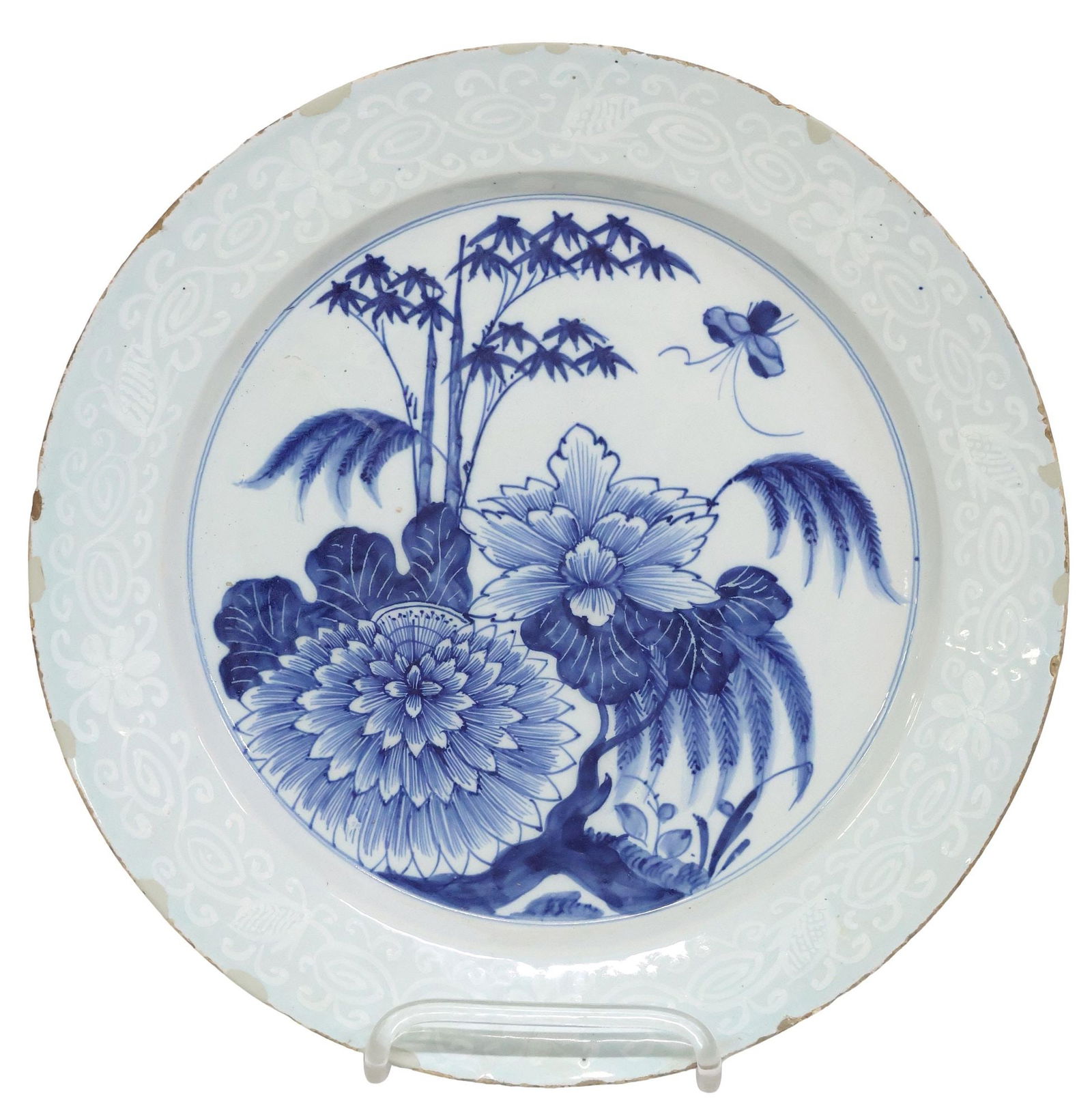 LONDON DELFT BLUE & WHITE CHINOISERIE CHARGER, 18TH C. (1 of 3)