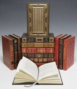 (14) FRANKLIN SIGNED 1ST-EDITION LEATHER-BOUND LIBRARY SHELF BOOKS: (lot of 14) Library shelf books: various history and literature subjects, all author-signed at front end paper, with gilt-embossed leather binding, raised spine bands, gilt page ends, published by The