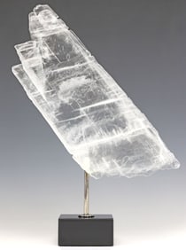 GEOLOGICAL WINDOWPANE SELENITE SPECIMEN ON BLACK MARBLE BASE
