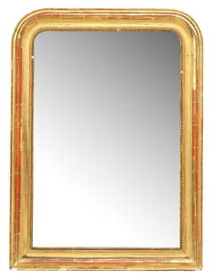 FRENCH LOUIS PHILIPPE PERIOD GILTWOOD WALL MIRROR: French Louis Philippe period giltwood wall mirror, mid 19th c., having arched frame with beaded trim, encasing flat mirror plate, overall silver loss to mirror plate, approx 36&quot;h, 26.5&quot;w, 29