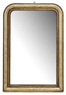FRENCH LOUIS PHILIPPE PERIOD GILTWOOD WALL MIRROR: French Louis Philippe giltwood mirror, 19th c., arched frame with etched foliates, beaded trim, encasing flat mirror plate, approx 37.75&quot;h, 26&quot;w, 27.5lbs