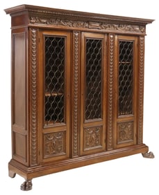 ITALIAN RENAISSANCE REVIVAL CARVED WALNUT & WROUGHT IRON BOOKCASE