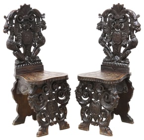 (2) ORNATE RENAISSANCE REVIVAL CARVED WALNUT HALL CHAIRS