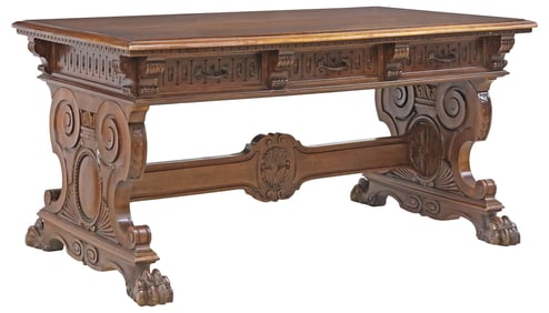 ITALIAN RENAISSANCE REVIVAL CARVED WALNUT LIBRARY TABLE