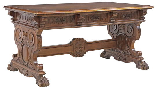 ITALIAN RENAISSANCE REVIVAL CARVED WALNUT LIBRARY TABLE: Italian Renaissance Revival carved walnut library&nbsp;table, early 20th c., having rectangular top, over three drawers with running ornamentation apron, rising on scrolled trestle base, joined by H-s