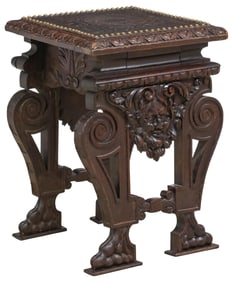 FRENCH RENAISSANCE REVIVAL LEATHER-TOP CARVED OAK STOOL