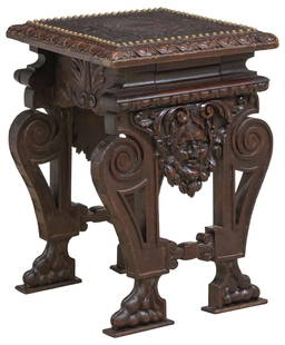 FRENCH RENAISSANCE REVIVAL LEATHER-TOP CARVED OAK STOOL: French Renaissance Revival carved oak stool, early 20th c., square top in close-nailed brown leather, tooled central cartouche with salamander (personal emblem of King Francis I) supported by winged c