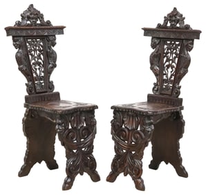 (2) ITALIAN RENAISSANCE REVIVAL CARVED OAK HALL CHAIRS