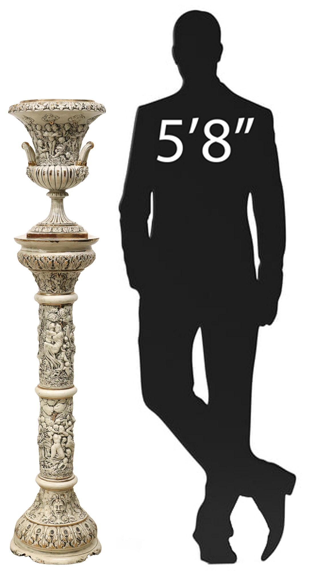 (2) ITALIAN CAPODIMONTE STYLE PARCEL GILT CHERUB URN ON PEDESTAL, 55"H: (lot of 2) Italian Capodimonte style parcel gilt ceramic vase and pedestal, 20th c., each with relief-molded putto among various allegorical figures, scrolled foliate trim, apparently unmarked, includ