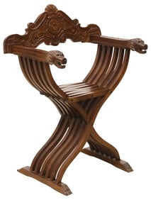ITALIAN RENAISSANCE REVIVAL CARVED WALNUT SAVONAROLA ARMCHAIR