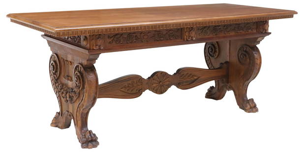 ITALIAN RENAISSANCE REVIVAL CARVED WALNUT LIBRARY TABLE: Italian Renaissance Revival walnut library table, 20th c., having molded-edge rectangular top, over paneled apron with carved shield-form cartouches and foliated scrollwork, rising on scrolled trestle