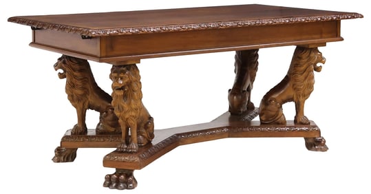 ITALIAN RENAISSANCE REVIVAL CARVED WALNUT LIONS EXTENSION TABLE