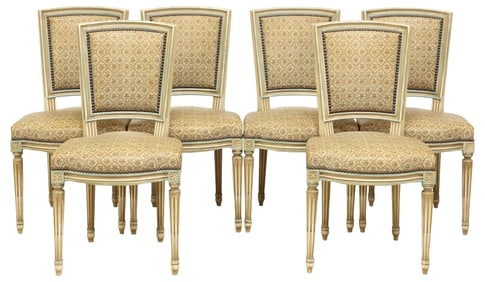 (6) FRENCH LOUIS XVI STYLE PAINTED & UPHOLSTERED DINING CHAIRS