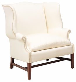 LARGE CHIPPENDALE STYLE BEIGE-UPHOLSTERED WINGBACK ARMCHAIR