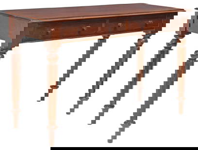ENGLISH VICTORIAN MAHOGANY WRITING TABLE: English Victorian mahogany library table/ writing desk, late 19th c., rectangular top with molded edge, two frieze drawers, on turned and paneled legs, approx 30.25"h, 48.5"w, 21.5"d