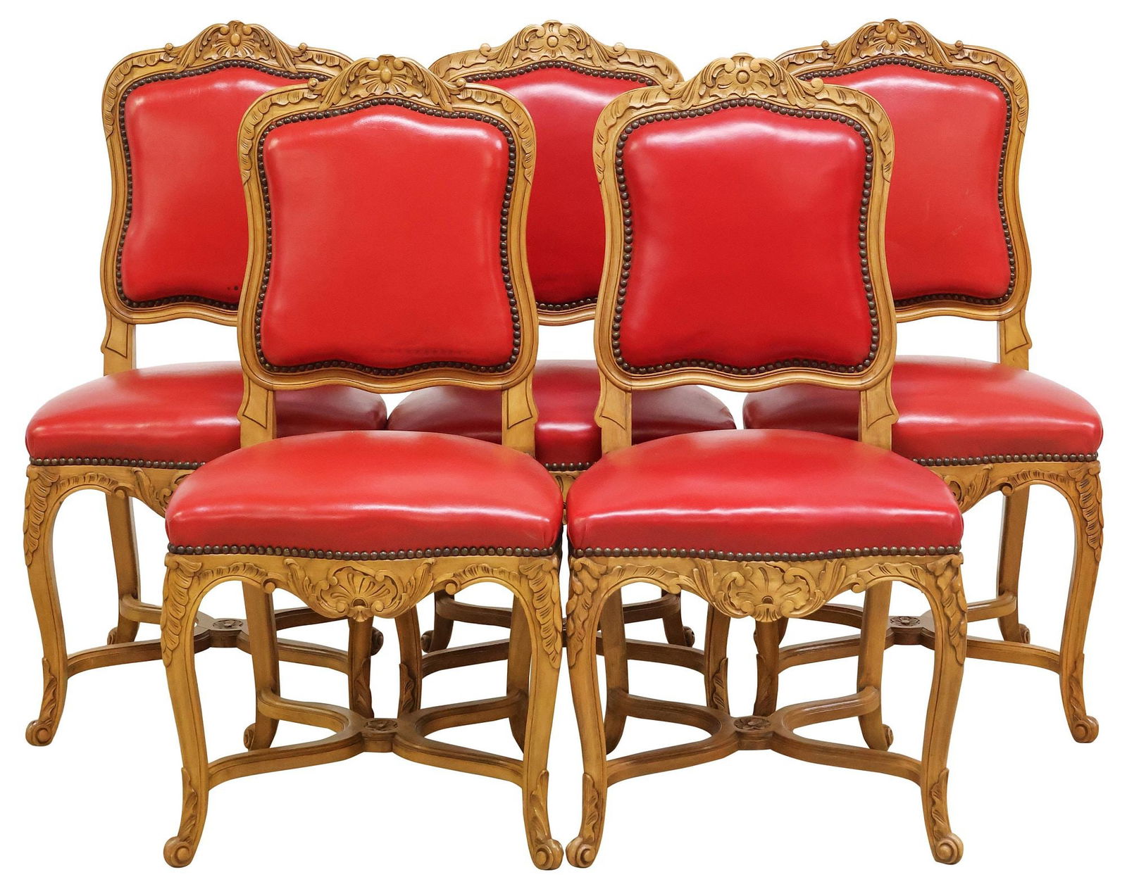 (5) FRENCH LOUIS XV STYLE RED-UPHOLSTERED WALNUT DINING CHAIRS (1 of 3)