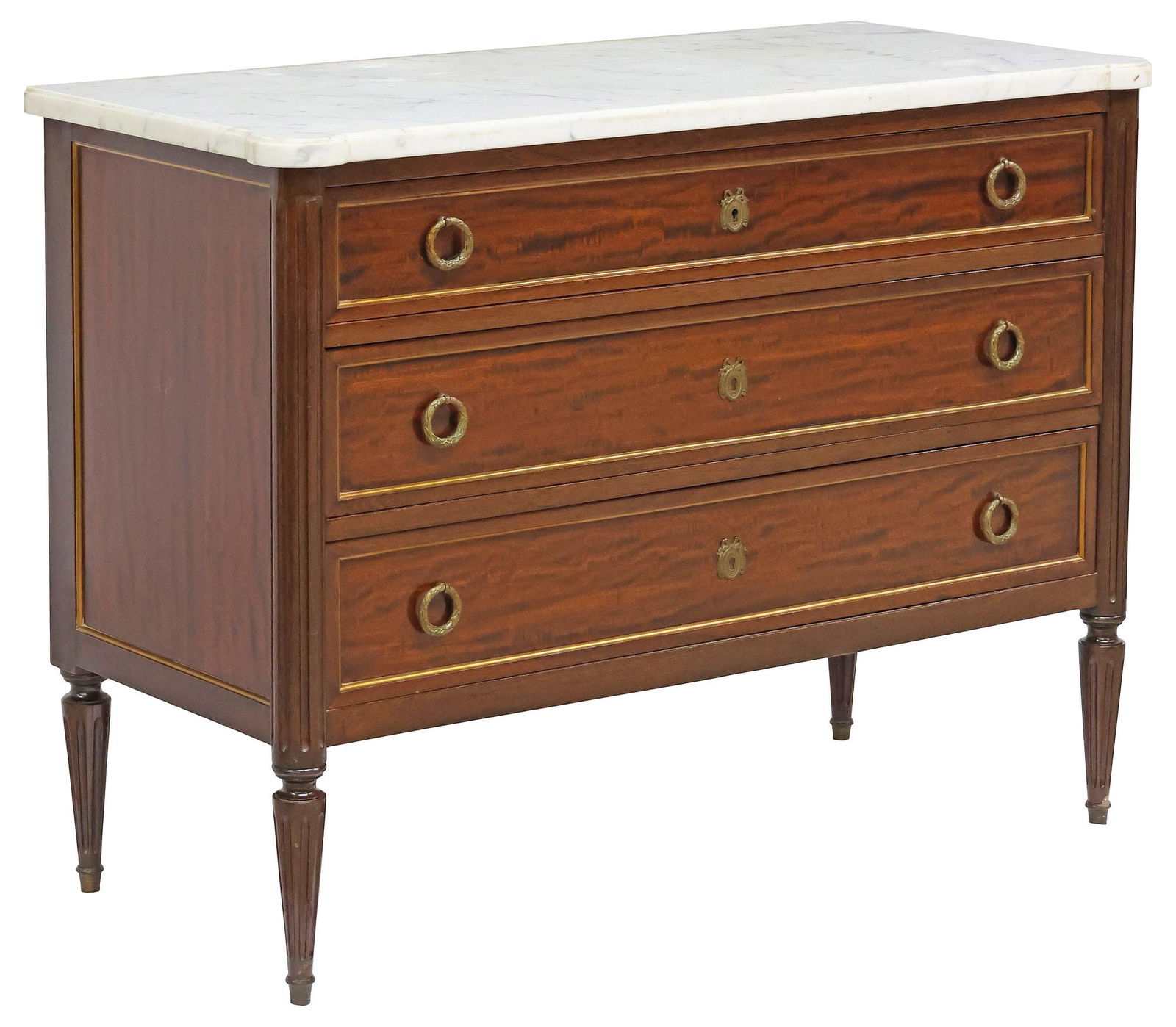 FRENCH LOUIS XVI STYLE MARBLE-TOP MAHOGANY COMMODE: French Louis XVI style mahogany commode, 20th c., shaped marble top, three drawers, on tapering fluted legs, approx 30.75"h, 41"w, 18"d