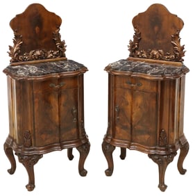 (2) ITALIAN MARBLE-TOP FIGURED WALNUT BEDSIDE CABINETS