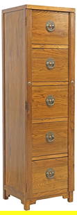 CHINESE ELMWOOD TALL CHEST OF DRAWERS: Chinese elmwood&nbsp;tall chest of drawers, late 20th c., hinged &quot;sidelock&quot; panels, securing five drawers, currently fitted with rails for lateral file storage,&nbsp;on bracket feet, approx