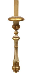 ITALIAN PARCEL-GILT & PAINT DECORATED 3LT CANDLESTICK FLOOR LAMP: Italian parcel gilt and paint decorated candlestick, now fashioned as a three&nbsp;light floor lamp, 20th c., faux candle stick, over turned and fluted standard, ending on circular base, approx 67&quo