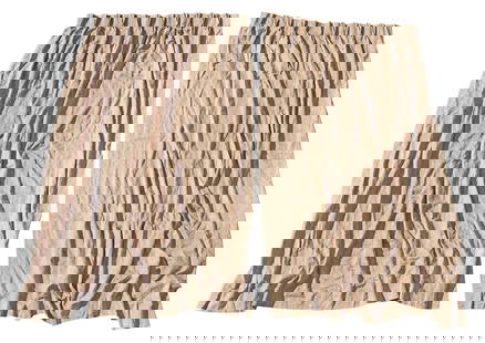 (2) FORTUNY 'LUCREZIA' COTTON DAMASK DESIGNER CURTAIN PANELS: (pair) Custom designer cotton damask curtain panels/ drapes, Fortuny, in the &quot;Lucrezia&quot; pattern, with gathered upper trim, white silk lining, each panel: approx 90&quot;h, 45&quot;w (at gath
