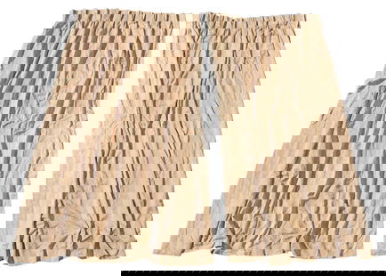 (2) FORTUNY 'LUCREZIA' COTTON DAMASK DESIGNER CURTAIN PANELS: (pair) Custom designer cotton damask curtain panels/ drapes,&nbsp;Fortuny, in the &quot;Lucrezia&quot; pattern, with gathered upper trim, white silk lining, each panel: approx 90&quot;h, 45&quot;w (at