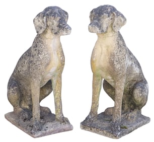 (2) LIFE-SIZE CAST STONE GARDEN STATUARY, SEATED HUNTING DOGS