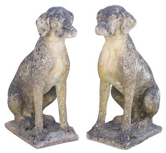 (2) LIFE-SIZE CAST STONE GARDEN STATUARY, SEATED HUNTING DOGS: (pair) Life-sized cast stone garden statuary, Hunting Dogs, depicting seated dogs on integral plinth, approx 28.5"h, 19"w, 10.5"d **PLEASE NOTE: All cast stone and garden pieces in this