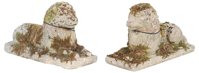 (2) CAST STONE GARDEN STATUARY, RECUMBENT LIONS