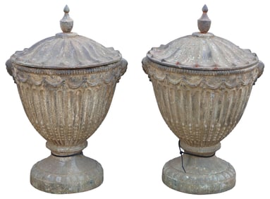 (2) NEOCLASSICAL CAST IRON FLUTED GARDEN URNS & COVERS